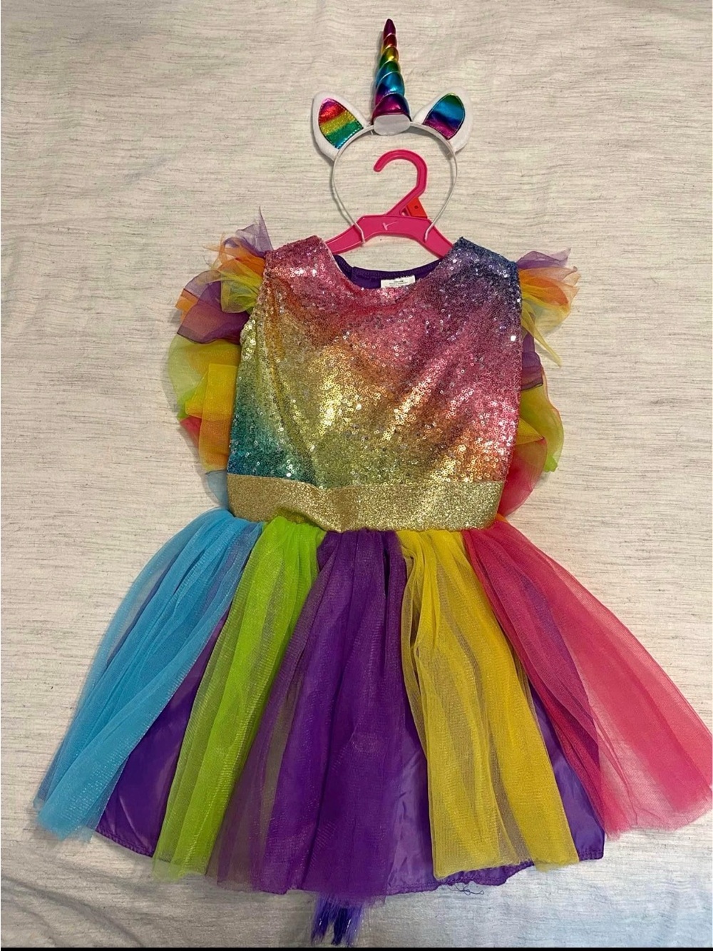 Rainbow Sequin Unicorn Girls' Costume Dress with Headband